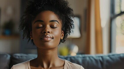 A woman is sitting on a couch with her eyes closed. Generate AI image