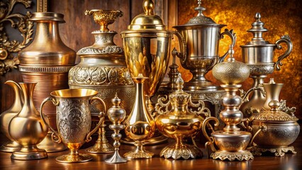 Luxurious arrangement of gold, silver, and brown ornate objects in various shapes and sizes exuding elegance and sophistication for decor.