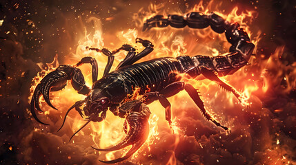 Dramatic digital depicting a fierce black scorpion enveloped by a raging fiery background  The scorpion s menacing presence and the intense apocalyptic flames create a powerful fantasy inspired scene