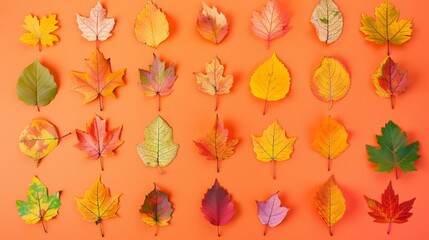 Fototapeta premium A collection of colorful autumn leaves, against a vibrant orange background.