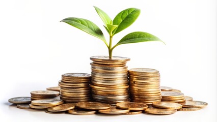 A verdant seed sprouts amidst a stack of coins on a pristine white background, symbolizing thriving business investments and prosperity.