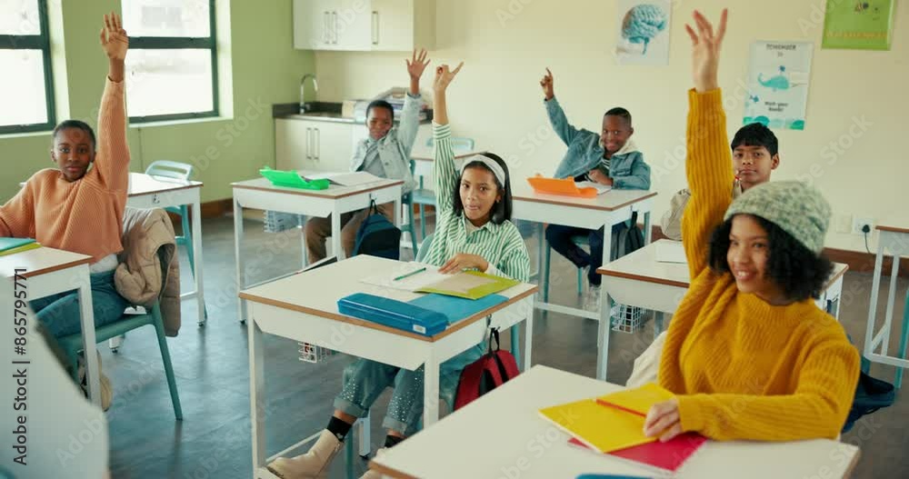 Poster kids, questions and students in classroom with teacher for ideas in growth, development or education