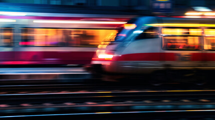 Fototapeta premium High-speed train traveling through lush landscape