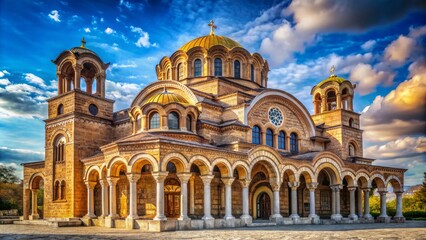 Fototapeta premium Majestic Byzantine-style basilica with intricate mosaics and ornate architecture set against a serene blue sky with imposing stone columns.