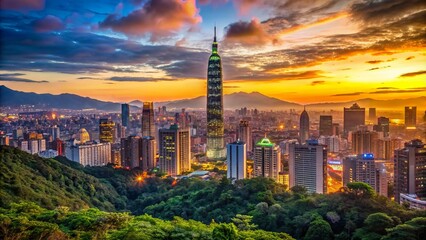Vibrant evening skyline of Taipei Taiwan featuring grand skyscrapers and bustling cityscape with majestic mountains in the distant background.