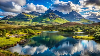 Obraz premium Majestic rugged Cuillin Mountains towering above serene turquoise loch waters and lush green rolling hills at Sligachan Isle of Skye Scotland.