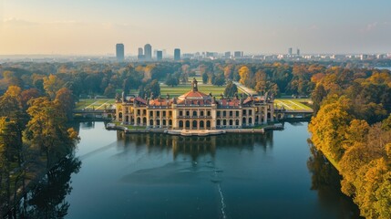 Obraz premium Aerial view of the historic Łazienki Park with the Palace on the Isle in Warsaw