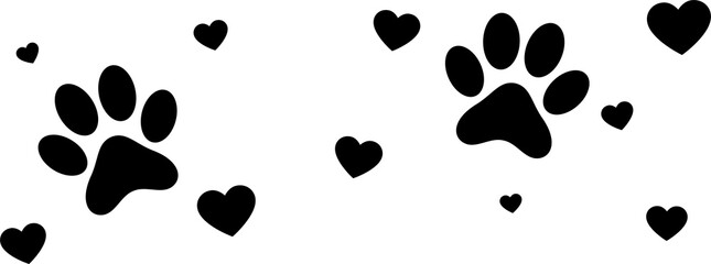 Seamless pattern of black hearts and pet paw silhouette print. Abstract animal wallpaper and fabric design and decor. Illustration isolated on white background. Vector