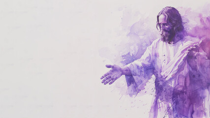 Purple watercolor painting of Jesus Christ reach out hand welcoming his people