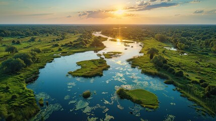 Fototapeta premium Overhead perspective of the serene Biebrza National Park with its wetlands and wildlife