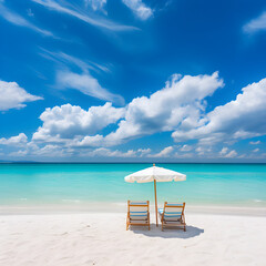 Obraz premium Mesmerizing Aquamarine Seascape: Pristine Beach with Colorful Parasols and Lonely Sailboat