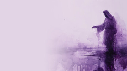 Purple watercolor painting of Jesus Christ reach out hand welcoming his people