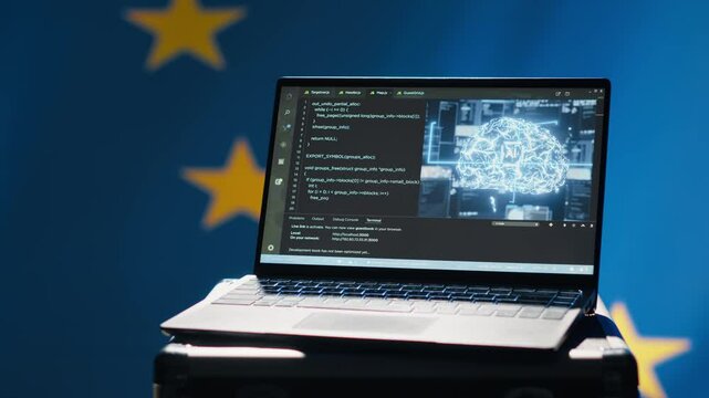 AI software on laptop used by European Union member states security services to prevent terrorism. Artificial intelligence tech used by Europe countries to defend, isolated over EU flag, camera A