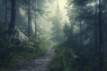 Obraz premium A serene misty forest trail winding through lush greenery with sunlight filtering through the trees, creating a tranquil and enchanting atmosphere in the morning.