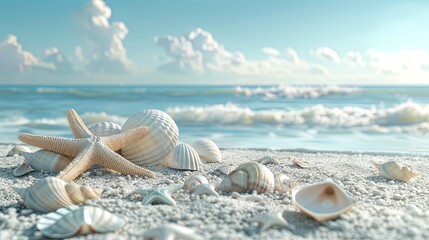 White beach with seashells and starfish, 3d illustration