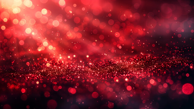 red christmas background, Red glitter particles on a dark background. An abstract red bokeh effect with shiny and glowing lights.