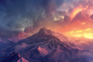 A breathtaking view of a majestic mountain range under a vibrant sky during sunset, showcasing snow-covered peaks, a gradient of colors, and a peaceful atmosphere.