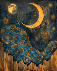 night sky moon and stars design, blending swirls of beige with hints of gold