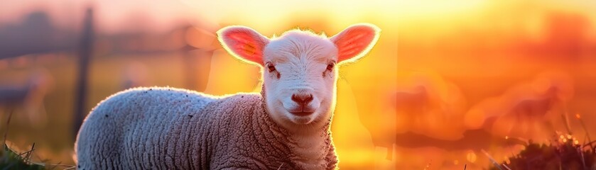 A serene lamb with white wool standing in a field basking in the warm sunset light, creating a peaceful and rustic countryside scene.