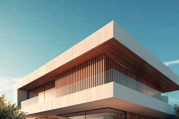 Fototapeta premium White Building on a blue sky backdrop.Modern concrete architecture. 