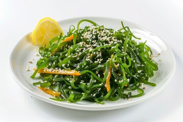 Isolated plate with Wakame salad carrots sesame seeds and lemon juice