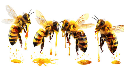 set of four different  honey bees flying 