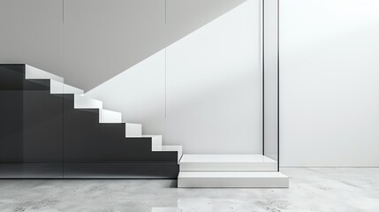 Fototapeta premium Minimalist interior design with white stairs and a gray floor.