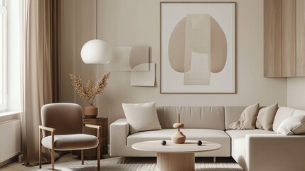A living room with a large, white sofa, a tan armchair, a round wooden coffee table, and beige walls.