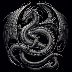 Obraz premium Dragon tatto, Dragon illustration, The image is a detailed illustration of a dragon in a circular formation, with intricate designs and a fierce expression.