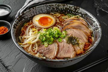 Japanese Shoyu Ramen with chashu pork in gray bowl on black slate table
