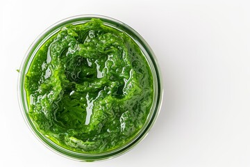Fototapeta premium Jarred Kelp puree on white background Healthy superfood from seaweed Use in smoothies soups sauces and dips Flat lay for mockup