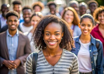 Obraz premium Close up portrait of young black or african-american woman standing in the middle surrounded by a crowd of people on the street or school. Portrait of happy Student or businesswoman