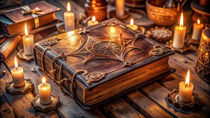 Ancient leather-bound tome aglow with soft ethereal radiance, mystical symbols etched on worn pages, surrounded by candles and mysterious artifacts.