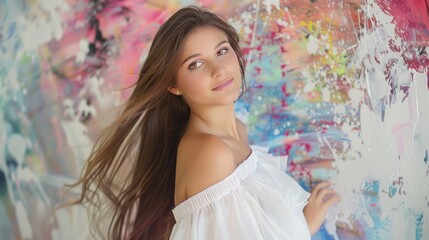 A woman with long brown hair stands in front of a colorful painting. Generate AI image