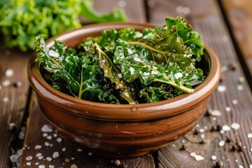 Kale chips with sea salt in a wooden bowl on table