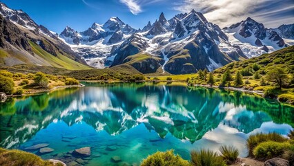 Turquoise lakes mirror majestic snow-capped peaks of the Australian Alps, surrounded by lush greenery and rugged terrain.