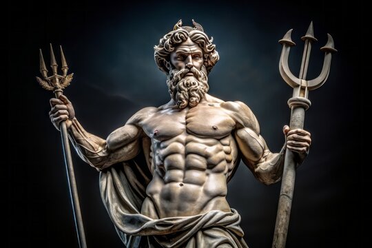 Ancient majestic statue of Neptune, god of the sea and oceans, stands powerful and proud, trident in hand, isolated on a dramatic black background.