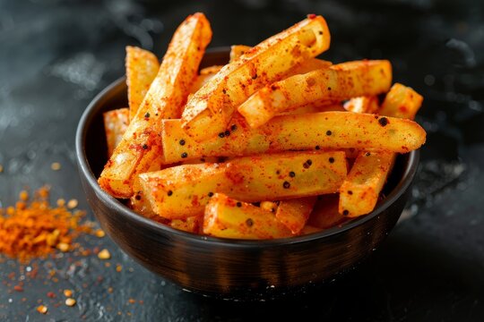 Kerala snack food spicy tapioca sticks or cassava chips with text space top and side view on black background