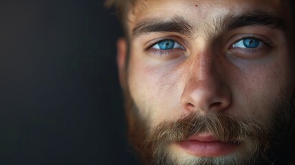 Fototapeta premium A close-up portrait of a young man with blue eyes and a beard.