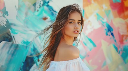 A woman with long brown hair stands in front of a colorful painting. Generate AI image