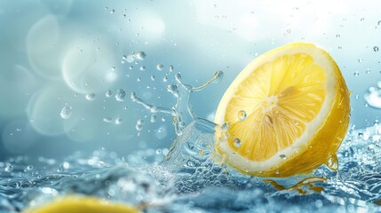 Refreshing Image of a Lemon Slice Making a Splash in Crystal Clear Water with Bright Yellow and Blue Tones