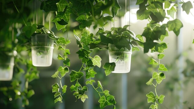 Ivy plant growing in plastic hanging pots