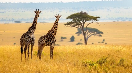 Fototapeta premium Two giraffes standing in a field of tall grass. Generate AI image