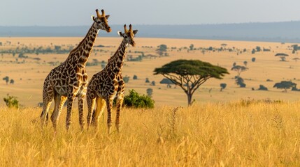 Fototapeta premium Two giraffes standing in a field of tall grass. Generate AI image