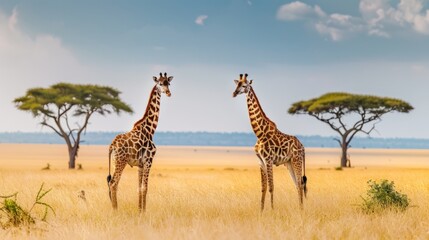 Obraz premium Two giraffes standing in a field of tall grass. Generate AI image
