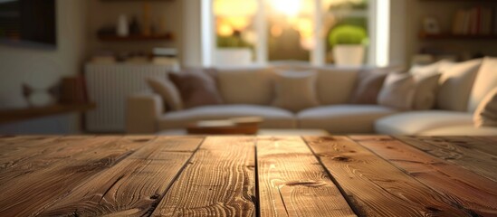 Empty wooden table placed in front of a living room sofa for showcasing products and presentations.
