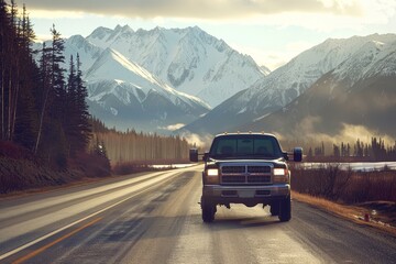 Pickup truck with snorkel on scenic mountain highway