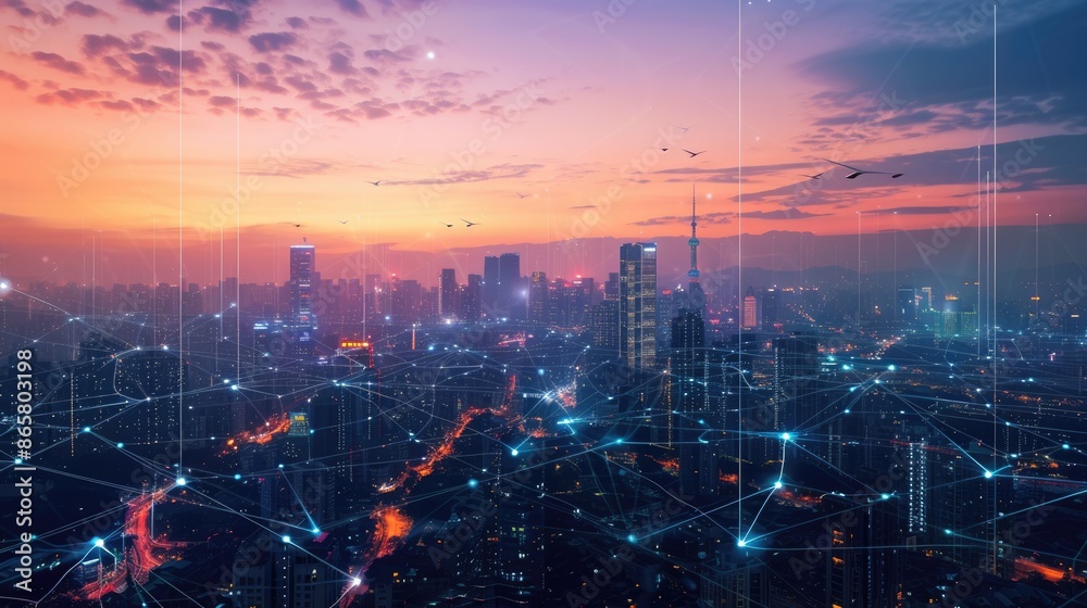 Wall mural smart city with connecting network and internet of things digital graphics over the skyline aig41