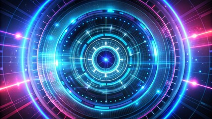 Obraz premium Futuristic circle style HUD interface displaying digital time machine concept with neon lights on a mesmerizing AI-generated background wallpaper.