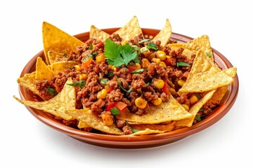 Plate of nachos with meat and cheese on white background